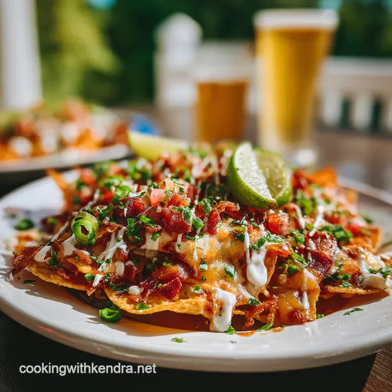 Plated Irish nachos: golden potato crisps drizzled with creamy sauce, topped with fresh green scallions and savory bacon b...