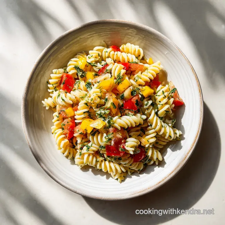 A bright, inviting serving of pasta salad overflowing from a white bowl, garnished with fresh herbs.