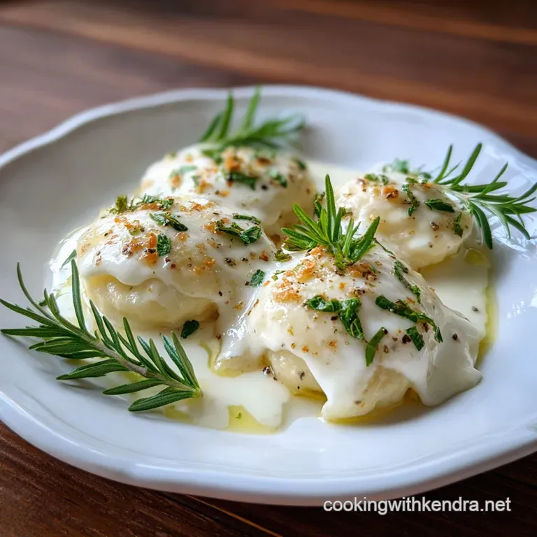 Elegant swirl of pasta in a shallow bowl, glistening with rich white sauce. Garnished with a sprig of fresh parsley and cr...