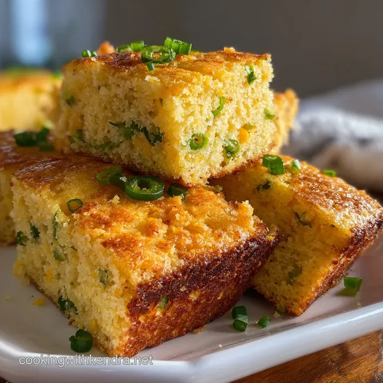 A warm slice of jalapeno cheddar cornbread on a plate. Steam rises, inviting you to enjoy the savory, cheesy, spicy bread.