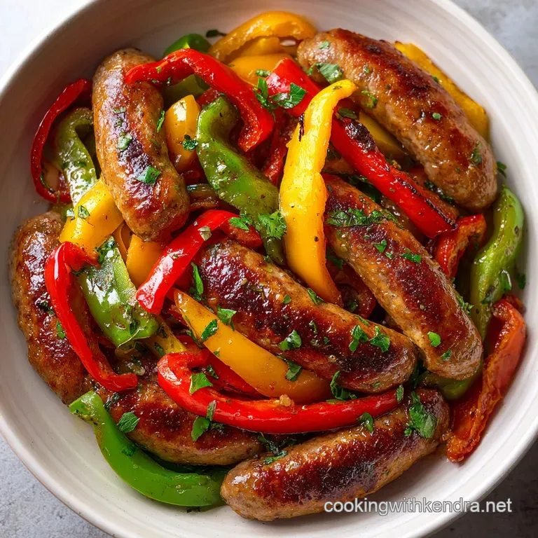 Perfectly browned sausage slices arranged with colorful saut&eacute;ed peppers and onions, garnished with fresh herbs on a white ...