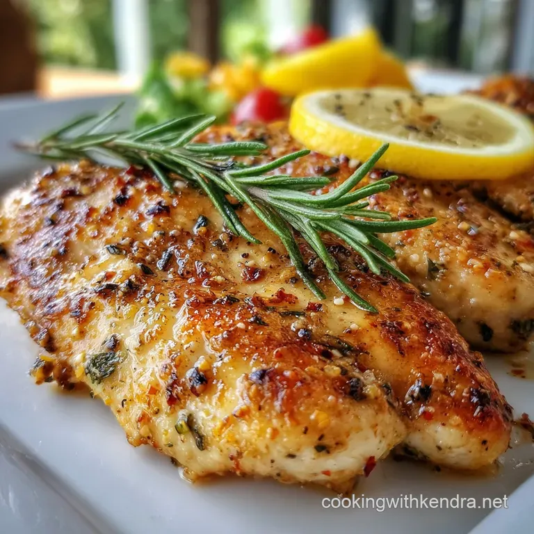 Perfectly seared chicken breast on a white plate, topped with glistening sauce and fresh herbs. A simple yet elegant prese...
