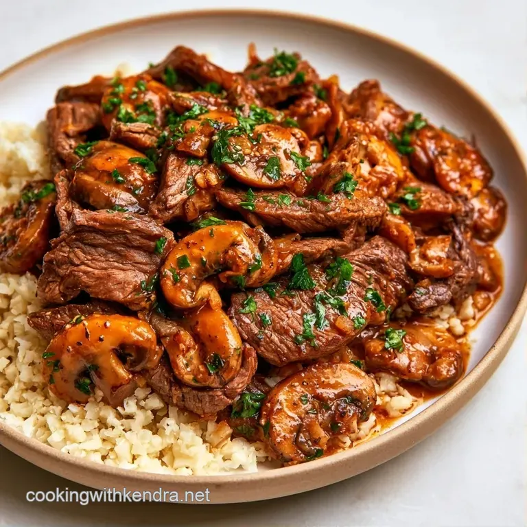A white porcelain bowl filled with rich brown beef and mushrooms, topped with a fresh sprig of bright green parsley.
