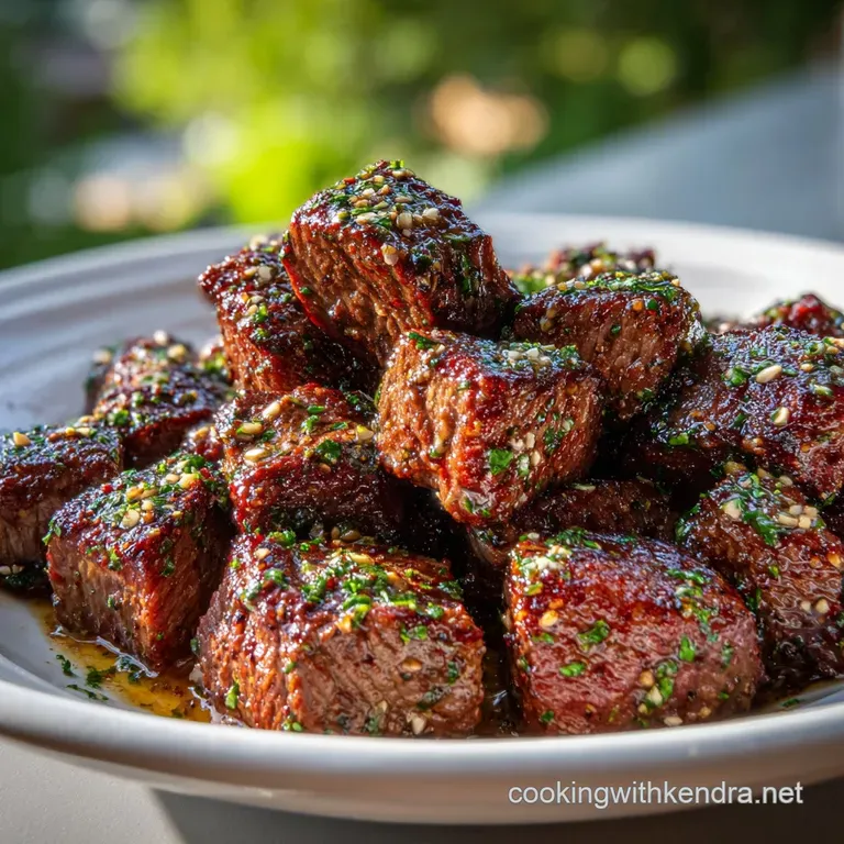 Juicy steak slices fanned on a plate, glistening with butter sauce, alongside vibrant green herbs for garnish.