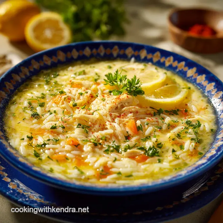 A polished bowl of creamy lemon chicken orzo soup, dotted with vibrant green herbs and a swirl of rich texture.