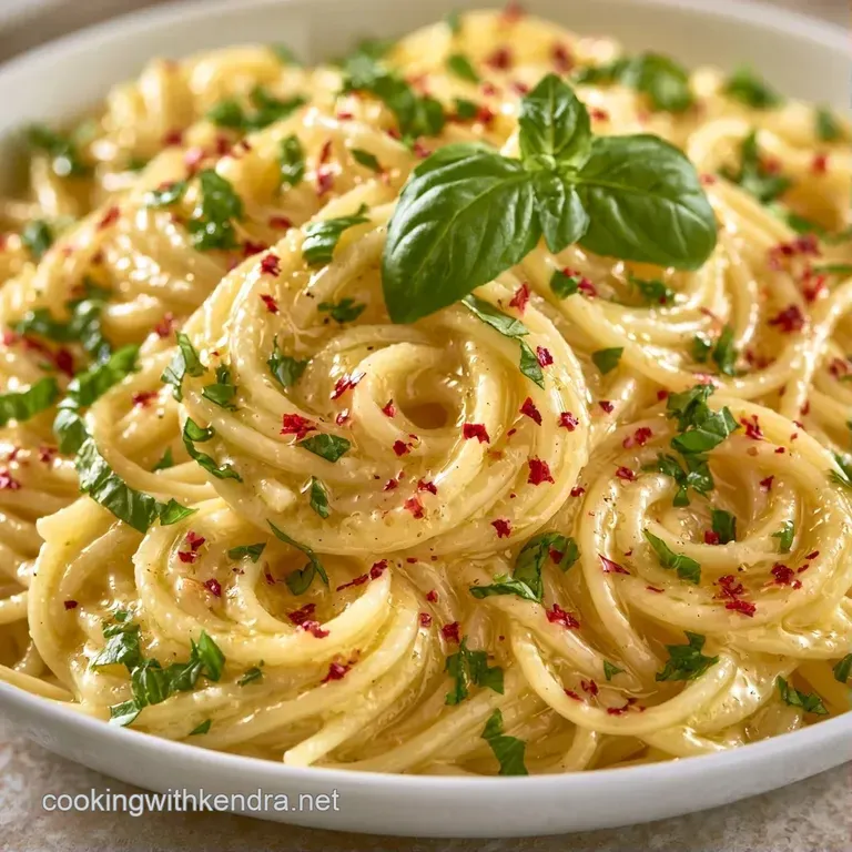Elegant swirl of pasta topped with a lemon wedge and fresh basil leaves on a matte ceramic plate with a gold fork.