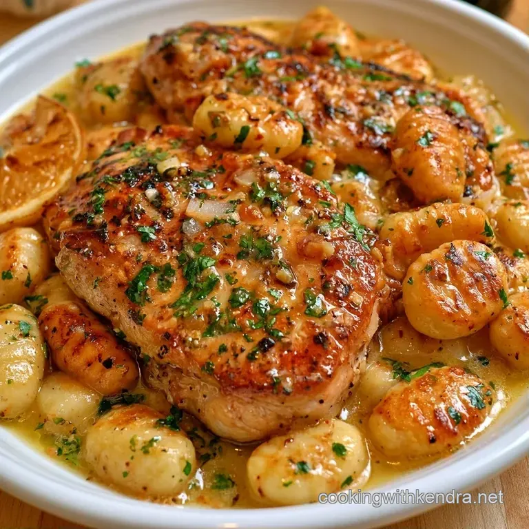 A white ceramic bowl filled with tender chicken and gnocchi, garnished with bright lemon slices and fresh parsley.