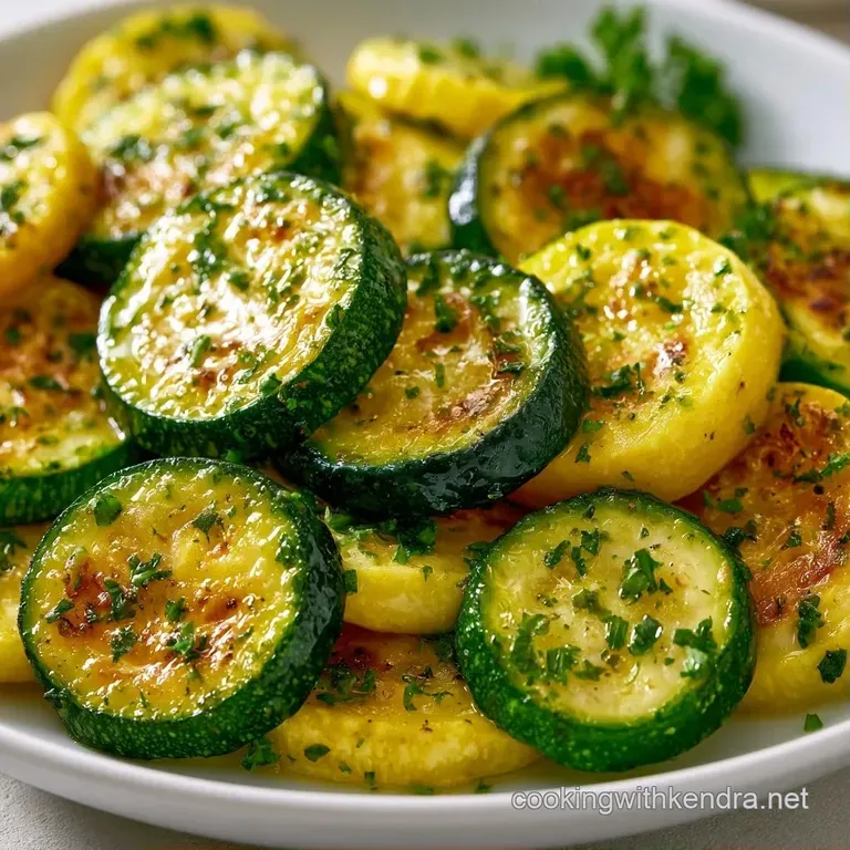 Neatly stacked yellow squash coins garnished with bright lemon zest and a sprig of parsley on a modern gray plate.