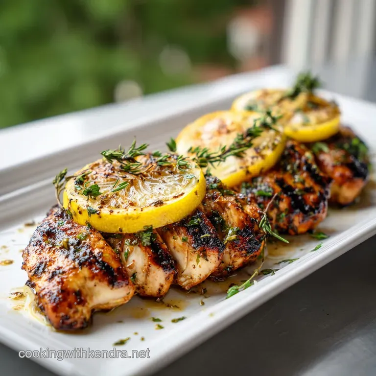 Grilled chicken breast atop a bed of vibrant greens, lemon wedges accentuating the golden-brown skin and fresh herb garnish.