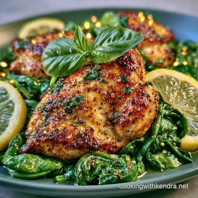 Golden chicken breasts on a white ceramic plate, garnished with fresh basil leaves and thin yellow lemon wheels.
