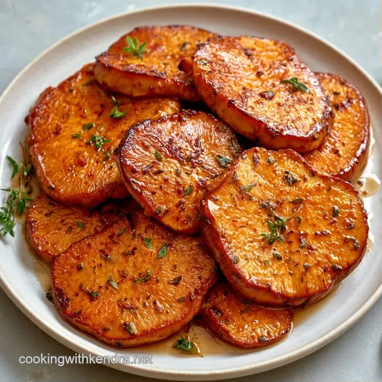 Pan-seared mushroom slabs on a ceramic plate, finished with a savory brown glaze and toasted garlic cloves.