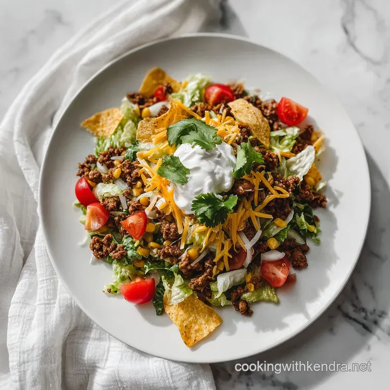 A generous scoop of fresh taco salad artfully arranged in a white bowl, showcasing textures and colors.