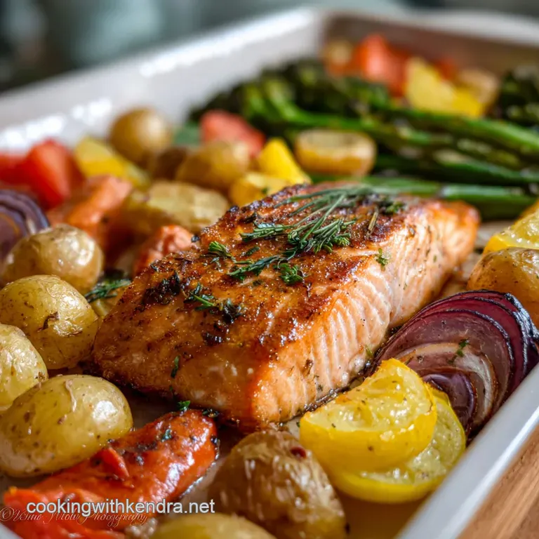 Elegant plate featuring a glistening maple-glazed salmon fillet atop golden potatoes and roasted vegetables, garnished wit...