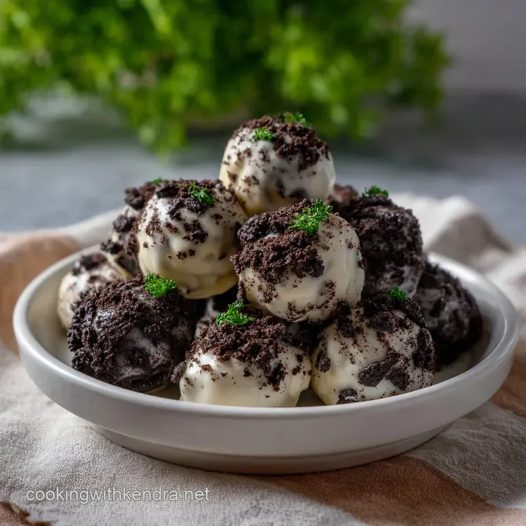 Three Oreo balls artistically arranged on a white plate with a dusting of cocoa powder. A perfect, elegant dessert. Velvet...