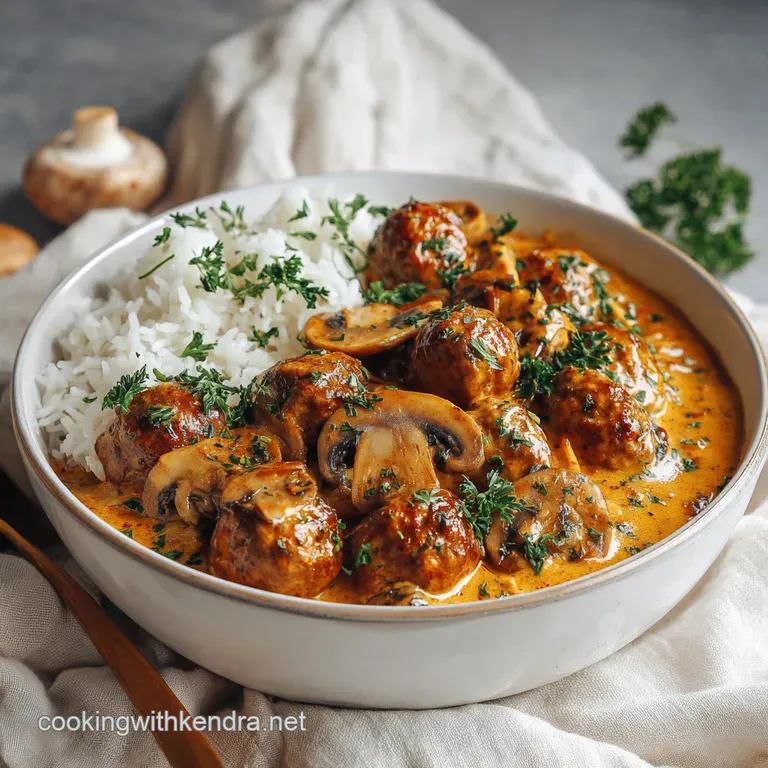 A steaming portion of meatball stroganoff, elegantly plated, showcases tender meatballs nestled in a rich, glossy sauce an...