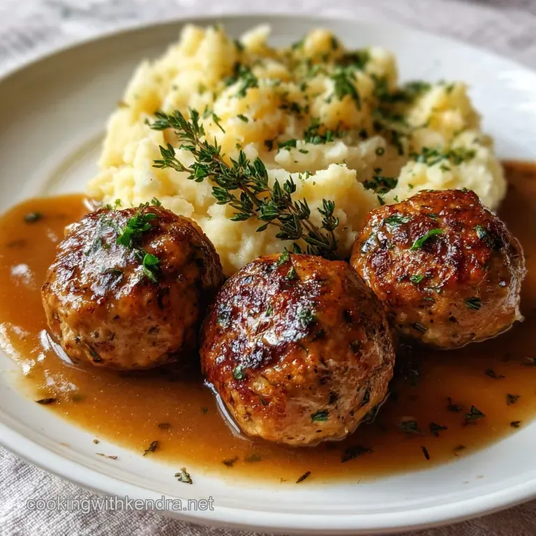 Plump meatballs nestled in smooth, glossy gravy, generously spooned over fluffy mashed potatoes with vibrant parsley garnish.
