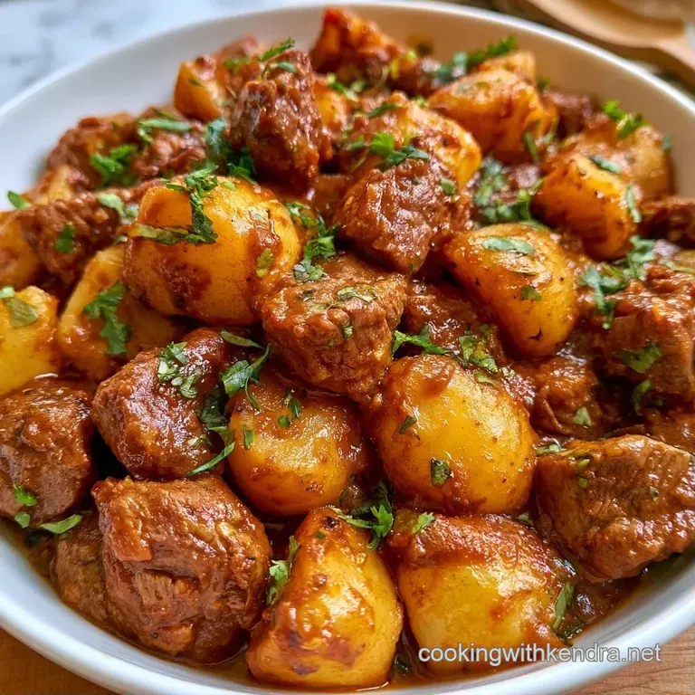 A rustic ceramic bowl filled with chunky beef and root vegetables, garnished with fresh cilantro and lime wedges.