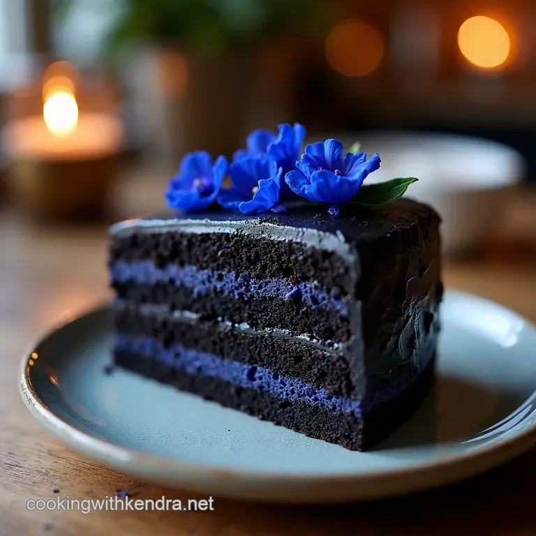 Midnight Bloom Black Velvet Cake with Royal Blue Florals presentation