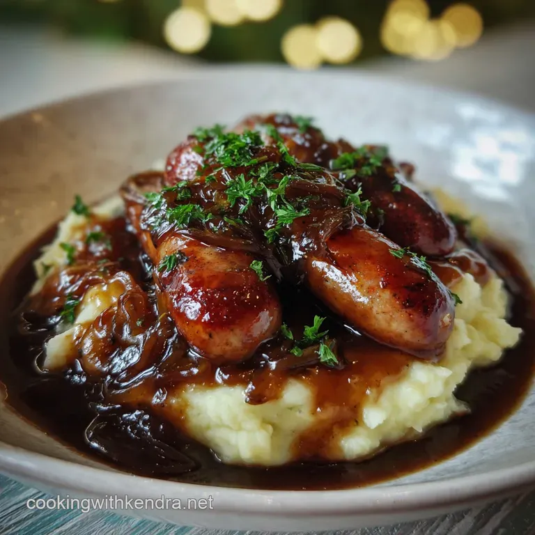 Elegant bite-sized bangers and mash: glistening sausages atop fluffy potatoes, accented by a sprig of fresh thyme.