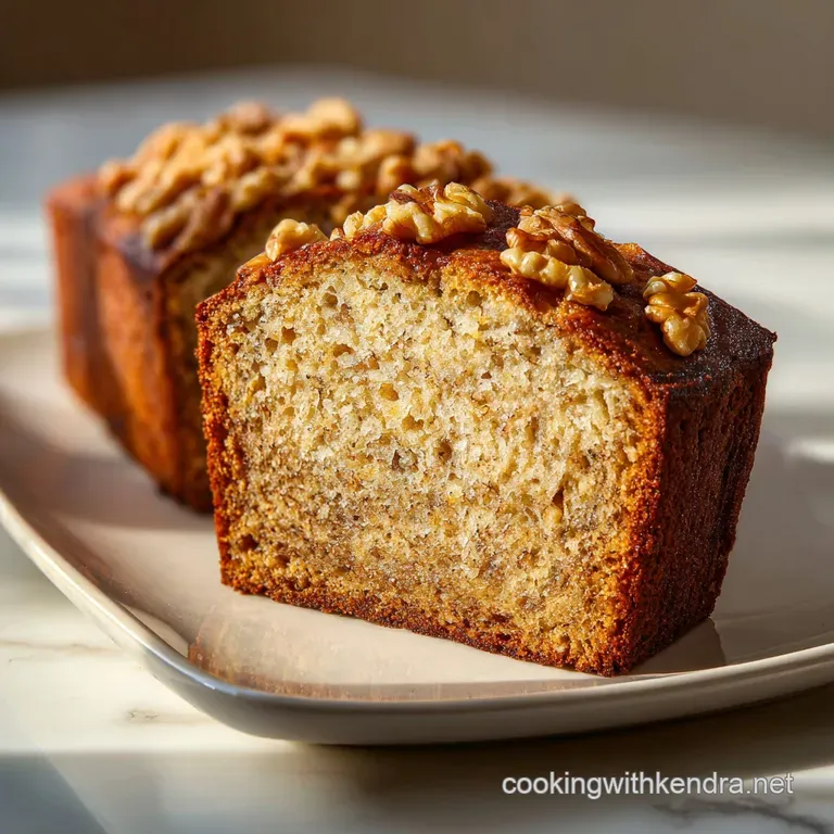 Thick, golden slices of moist cake with melting butter on a white plate, garnished with fresh, ripe banana slices.