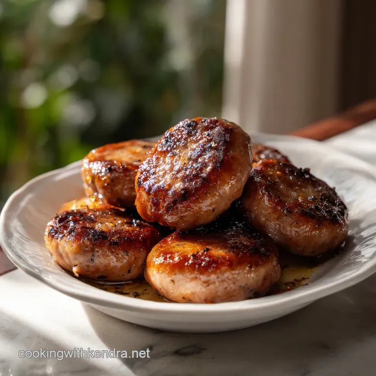 Creamy white sauce drizzled over sausage balls, garnished with fresh herbs, showcasing a pleasing contrast of colors and t...