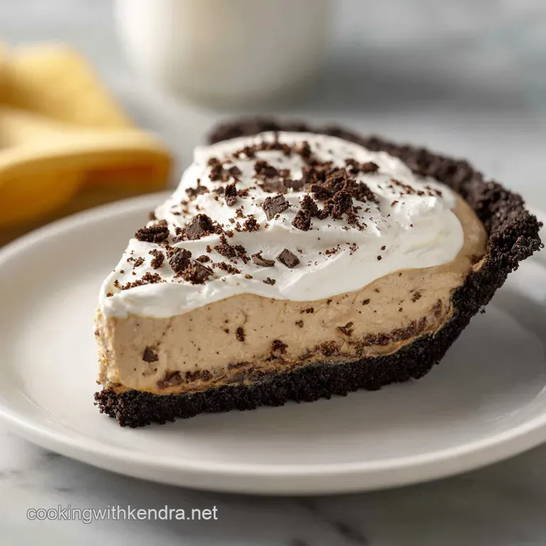Silky peanut butter pie slice on a white plate, adorned with chocolate shavings and a drizzle.