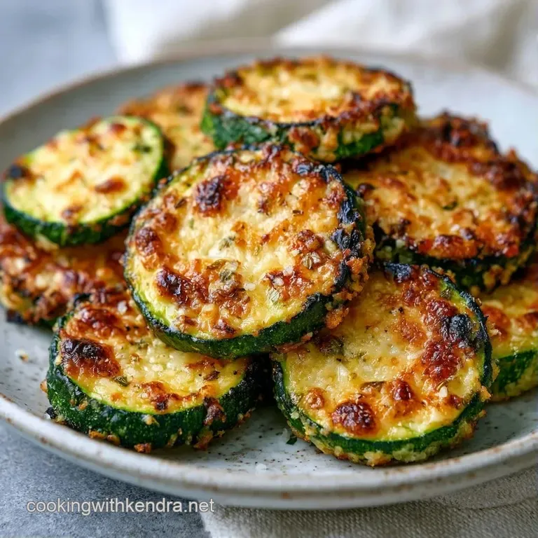 Neatly stacked roasted zucchini coins garnished with fresh parsley and a lemon wedge on a matte dark slate platter.