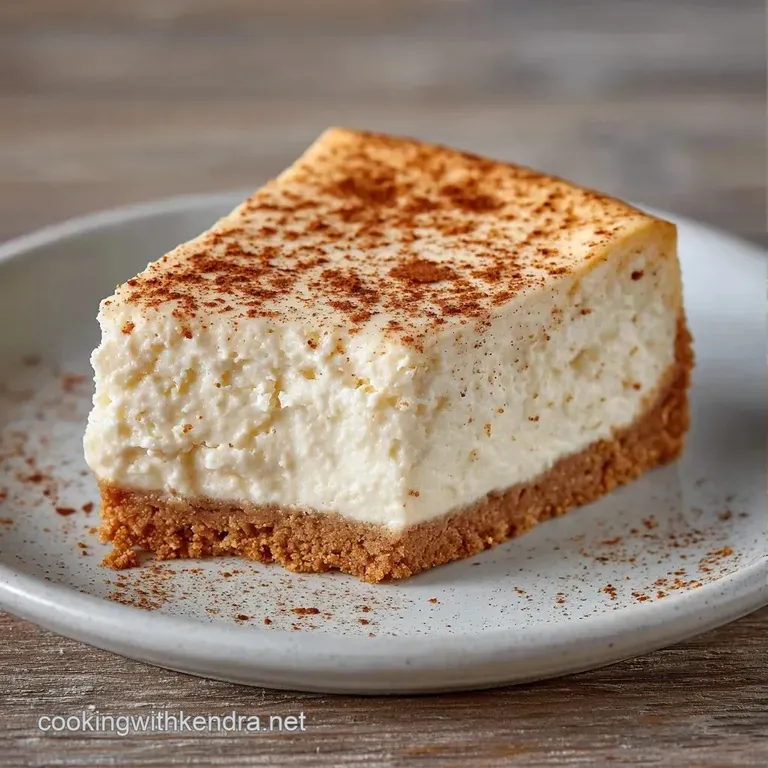 A slice of creamy white cheesecake on a marble slab, garnished with a cinnamon stick and a sprinkle of nutmeg.