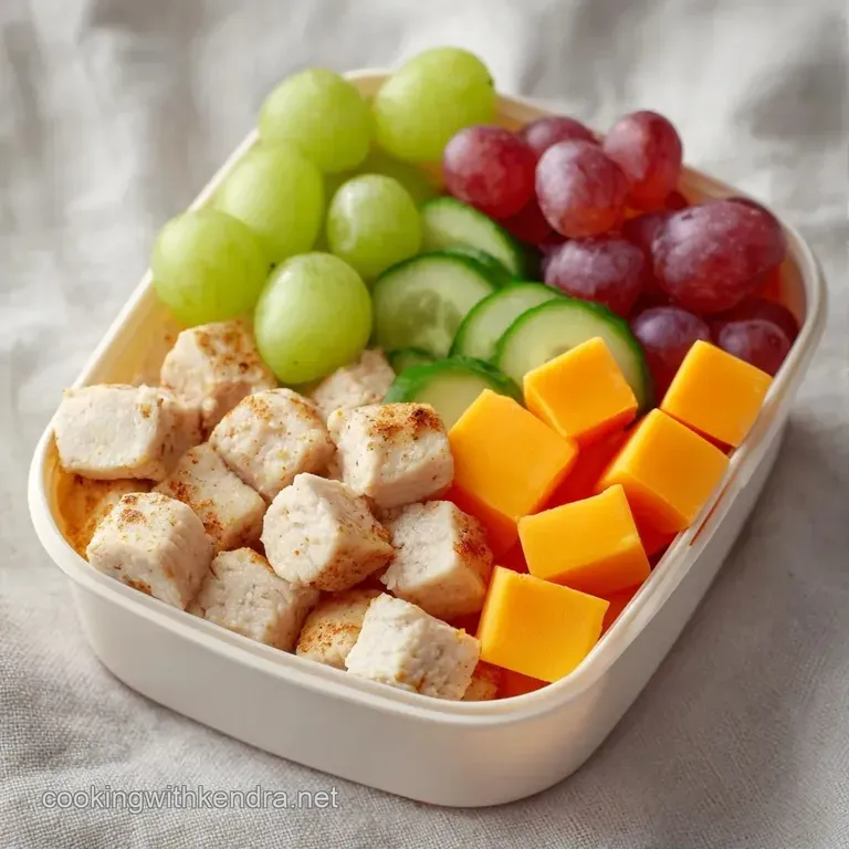 Neat compartments in a clear bento box holding bright berries, golden crackers, and creamy cheese cubes on a desk.