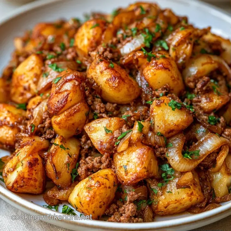 A neat mound of golden-brown potato and beef hash on a white plate, garnished with a sprig of fresh parsley.