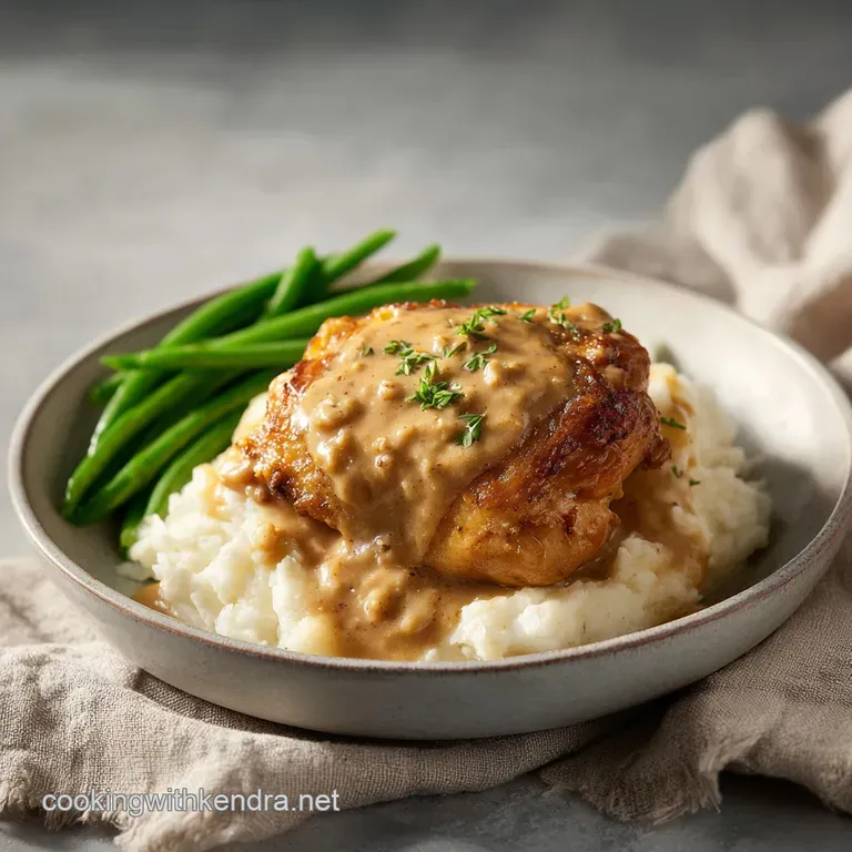 Juicy chicken smothered in velvety gravy, artfully arranged with a sprig of parsley and a side of greens.
