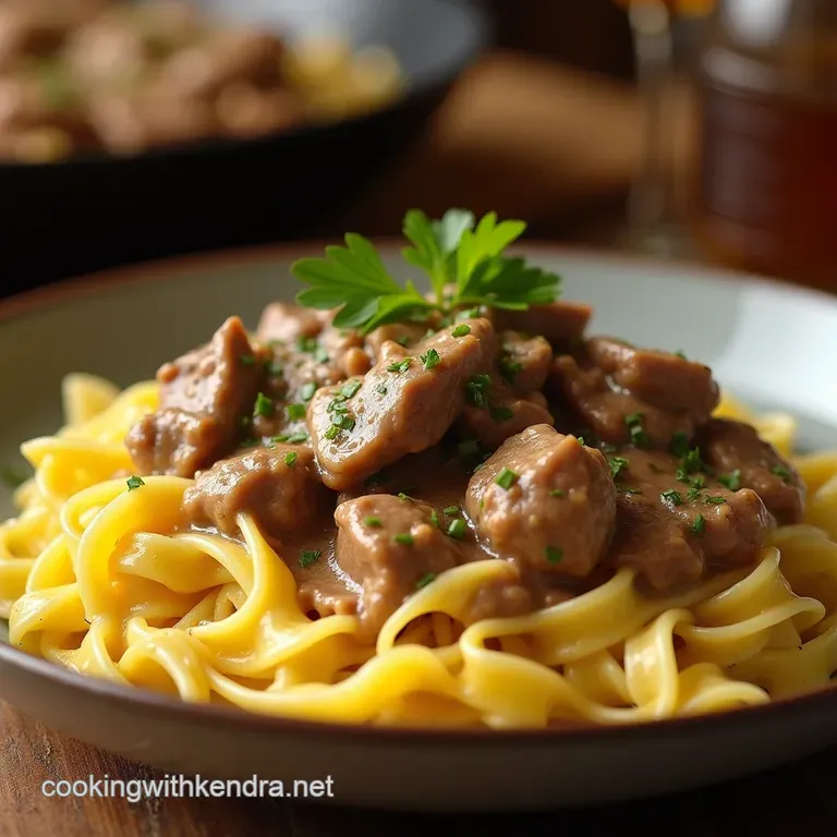 The Weeknight Wonder One Pan Creamy Beef Stroganoff over Egg Noodles presentation