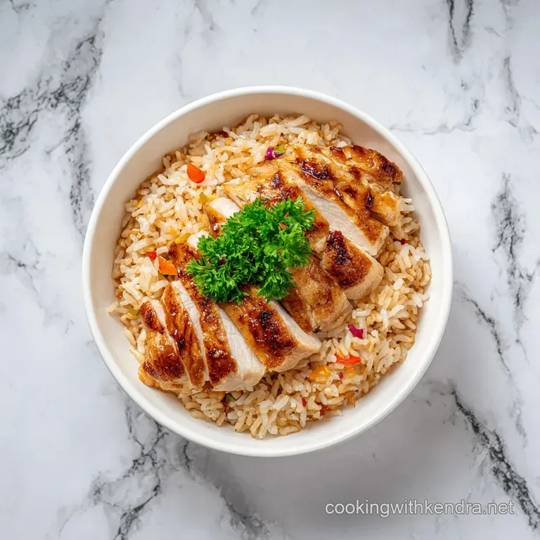 A rustic wooden bowl brimming with tender, saucy chicken and fluffy rice, artfully garnished with fresh parsley sprigs.