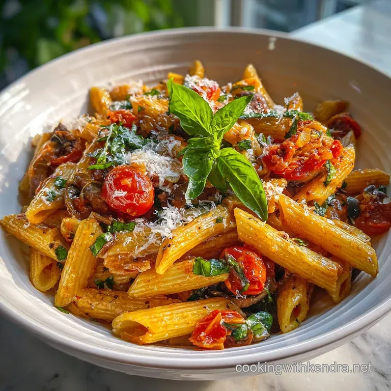 A twirl of saucy pasta studded with bright vegetables sits elegantly on a white plate, sprinkled with fresh herbs and parm...