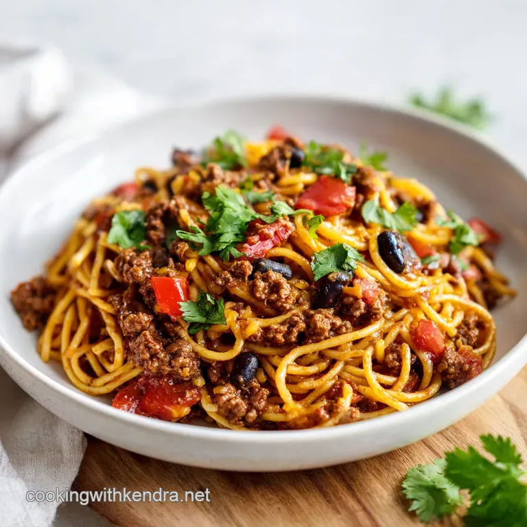 Golden spaghetti strands are twirled and topped with seasoned beef, vibrant salsa, and a dollop of sour cream.