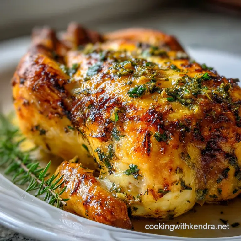Perfectly browned whole chicken on a white platter, garnished with rosemary sprigs. The crispy skin shows a delectable tex...