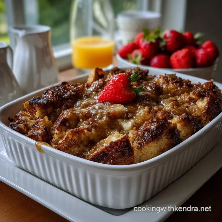 Thick, custardy slices of French toast, dusted with powdered sugar and fresh berries, artfully arranged on a white ceramic...