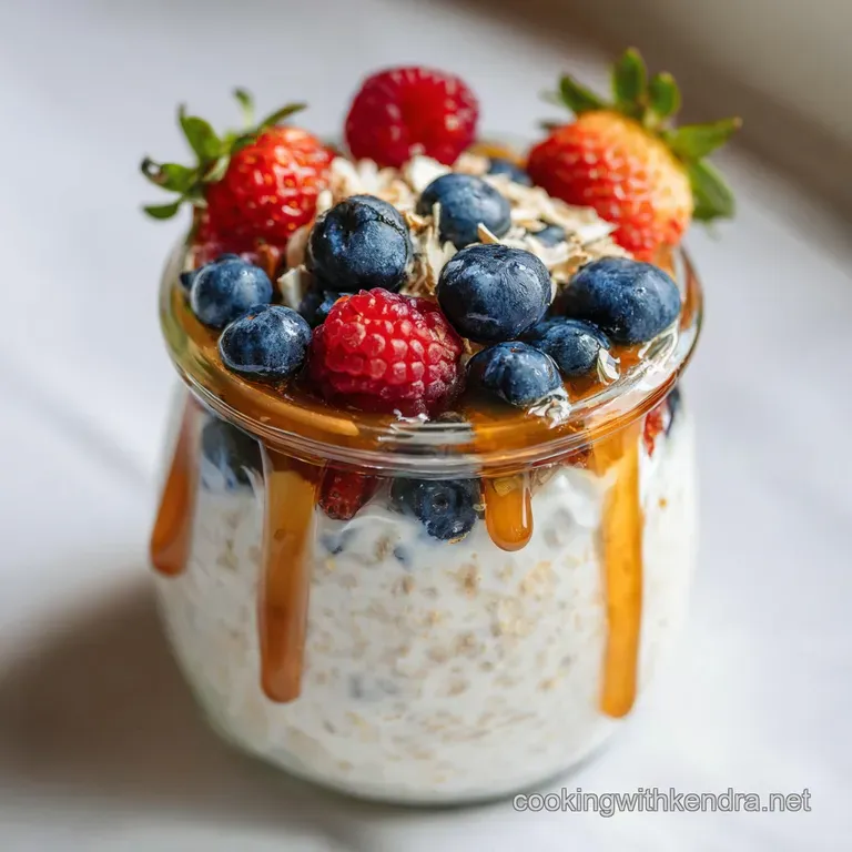 Elegant parfait of layered overnight oats, swirled with berry compote. Topped with chopped nuts and edible flowers in a gl...