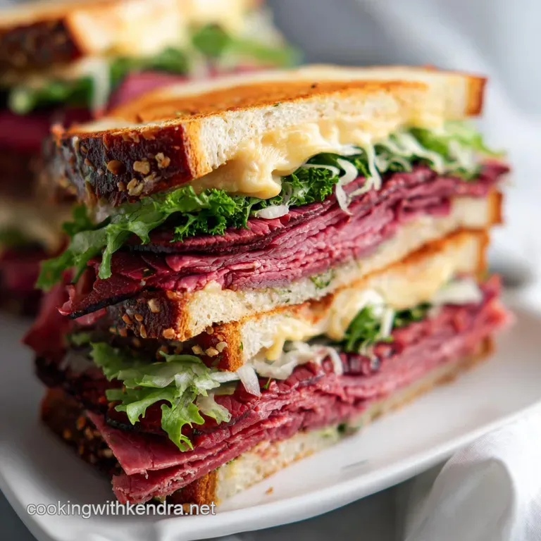 Stacked pastrami sandwich half, showcasing layers of juicy meat, rye crust, and tangy yellow mustard on a plate.