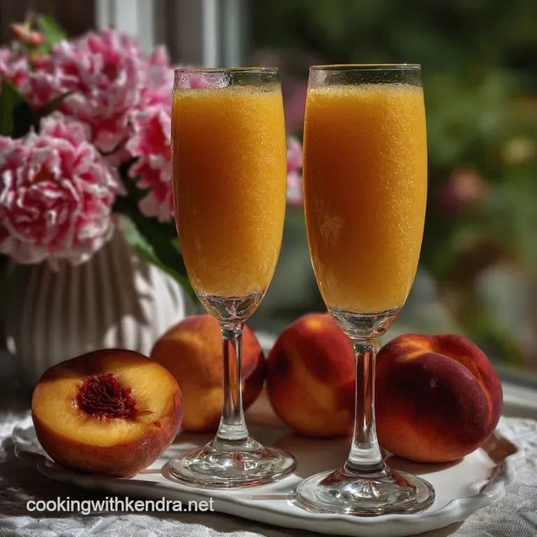 Pale peach puree swirling in a champagne flute, garnished with a vibrant peach slice, bubbles rising in the light.