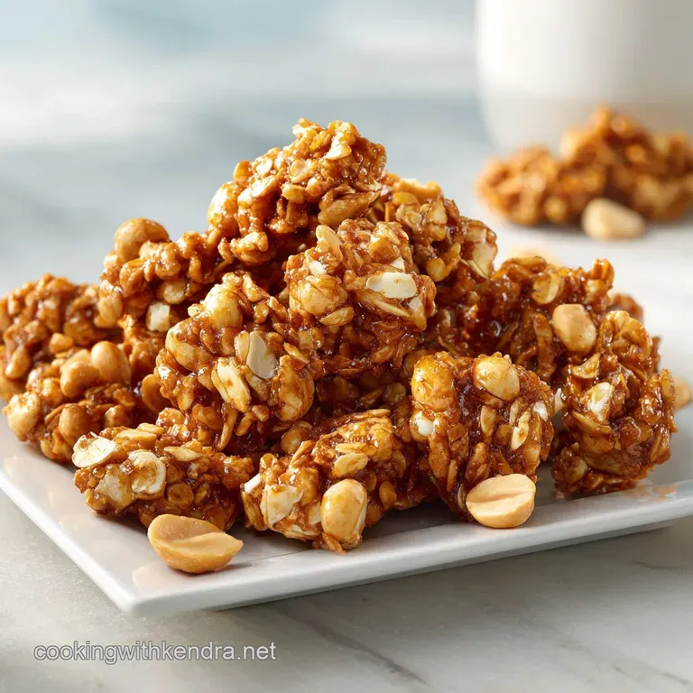 Crunchy golden oat clusters piled high in a glass jar with fresh blueberries and a drizzle of creamy syrup.