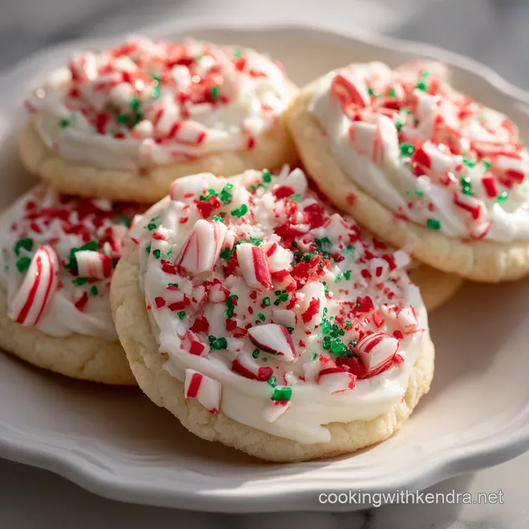 Three pale, crumbly cookies artfully arranged with a sprinkle of crushed peppermint candy shards.