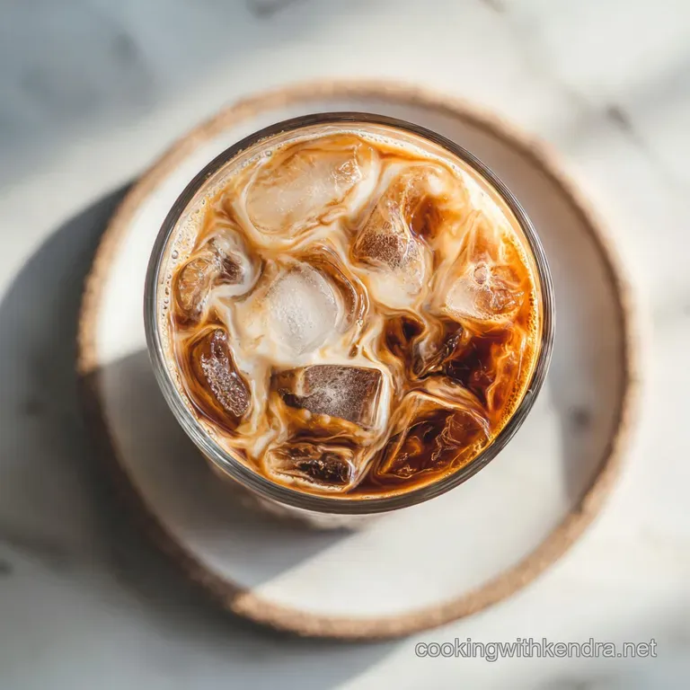 Tall glass of iced coffee, glossy cubes, mint sprig, artfully presented on a saucer.