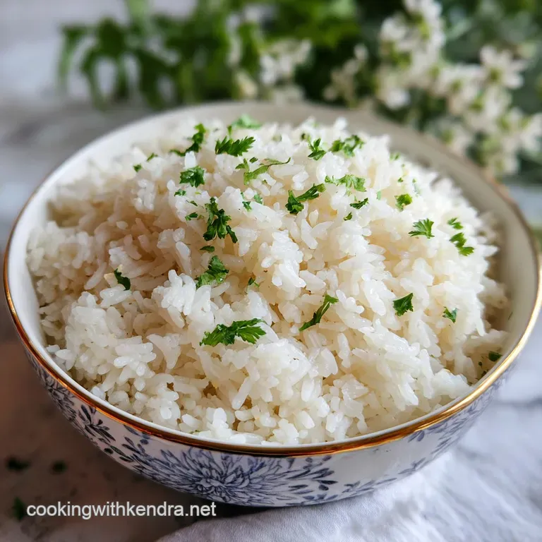 A mound of glistening white rice, molded neatly on a plate, with visible grains and a soft, inviting texture.