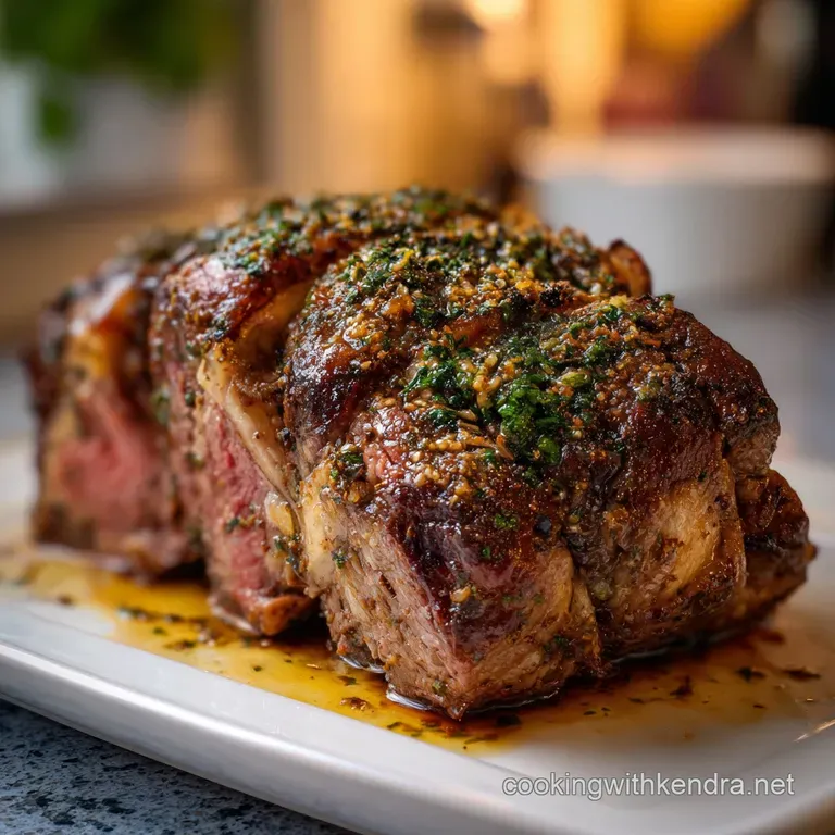 Ribeye Roast: Reverse-Seared Perfection with Garlic Herb Crust presentation