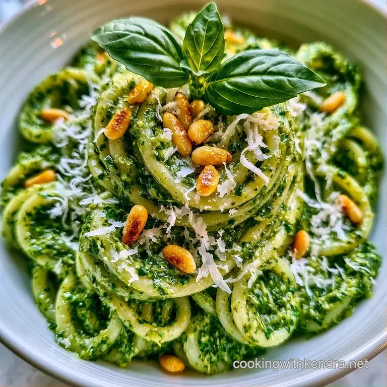 Swirled pasta coated in bright emerald sauce, topped with a pine nut garnish and a sprig of fresh basil on white porcelain.