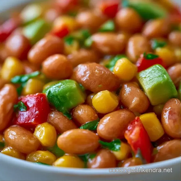 A bright medley of earthy beans and creamy avocado cubes served in a white bowl with fresh cilantro sprigs.