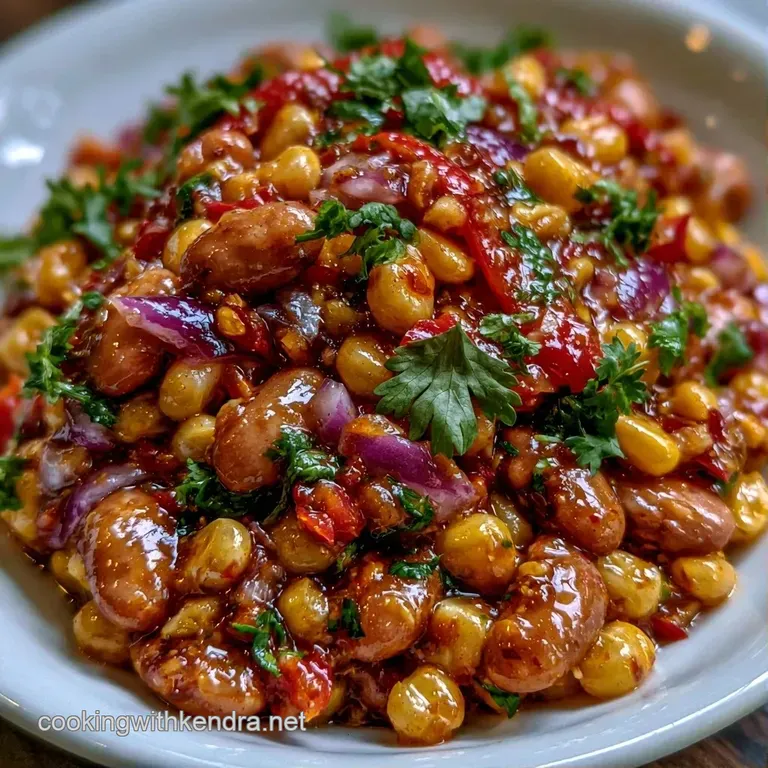 A bright medley of beans, corn, and peppers served in a chilled glass bowl on a minimalist white tabletop.