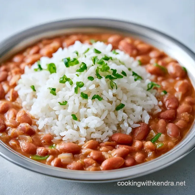 Elegant white bowl of golden rice and tender pinto beans, framed by greens and a scattering of chopped herbs