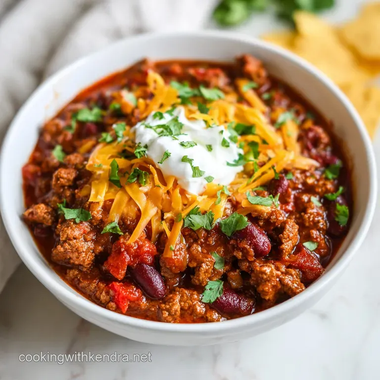Earthy red chili ladled into a bowl, garnished with vibrant toppings and served with a warm golden cornbread muffin.